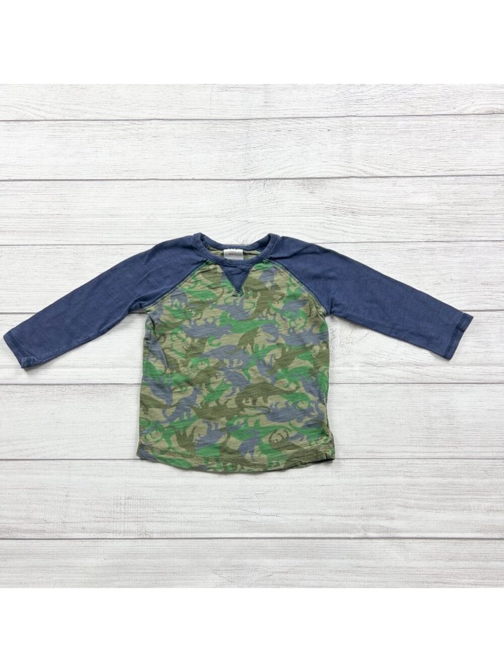 Hanna Andersson Boys Green Blue Camo Dinosaur Raglan Long Sleeve Shirt 3T